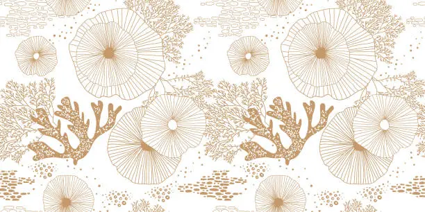Vector illustration of Hand drawn seamless vector pattern. Gold corals and algae on a white background
