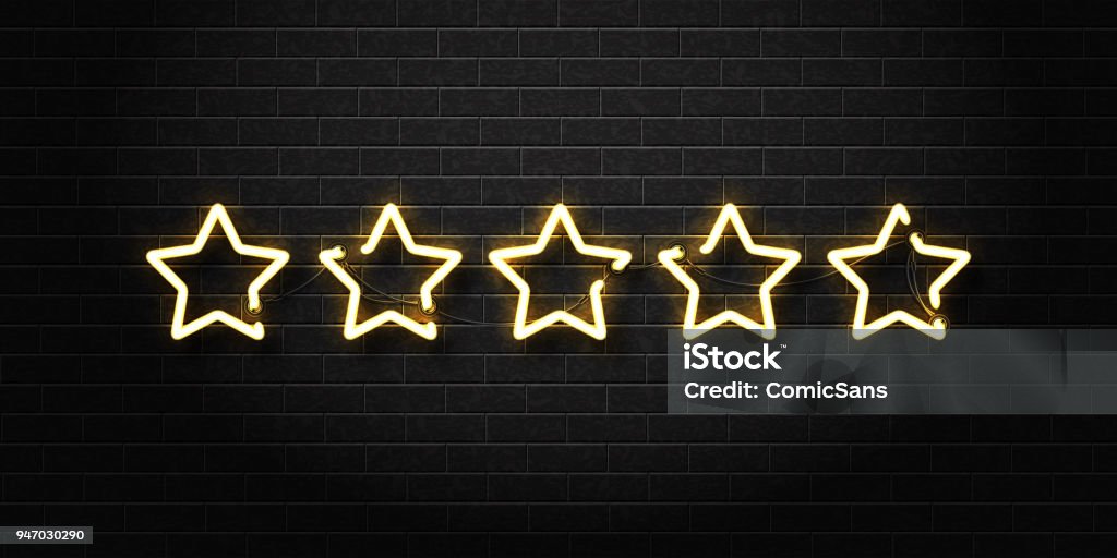 Vector realistic isolated neon sign of five golden stars for decoration and covering on the wall background. Concept of vip, luxury and rating. Luxury Hotel stock vector