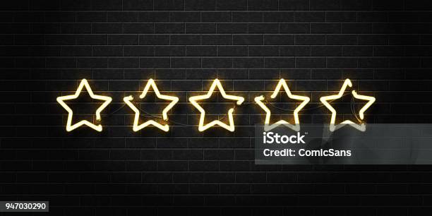 Vector Realistic Isolated Neon Sign Of Five Golden Stars For Decoration And Covering On The Wall Background Concept Of Vip Luxury And Rating Stock Illustration - Download Image Now