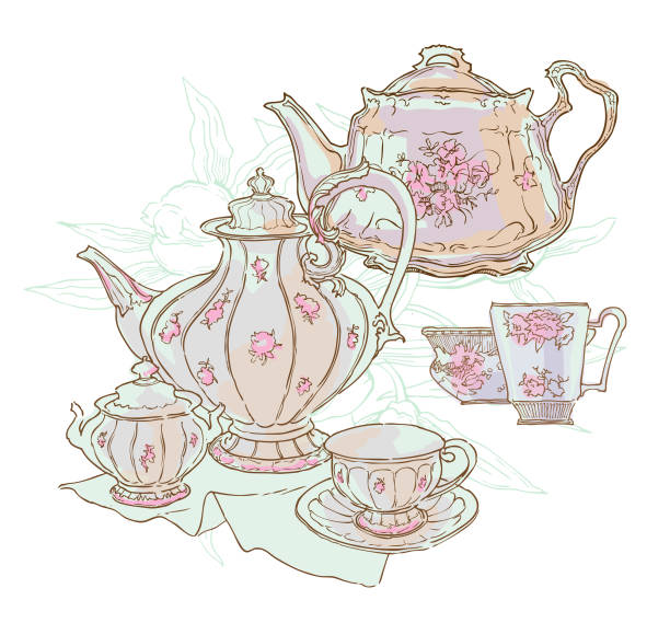 иллюстрация вектора обслуживания чайного набора. - afternoon tea china antique cup stock illustrations