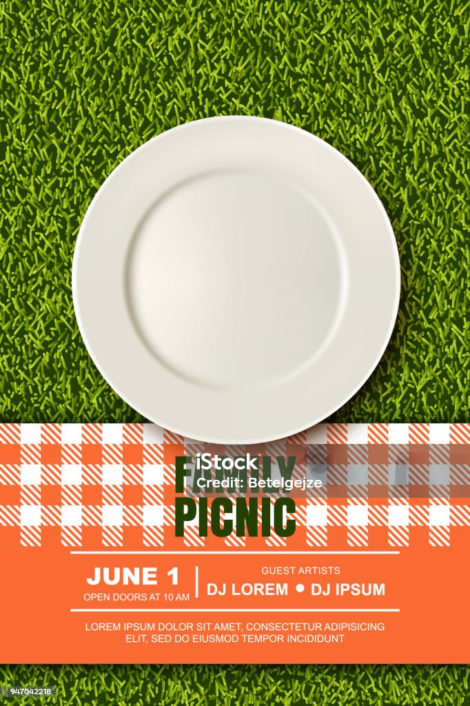 Vektor-realistische 3d Illustration der Platte, rot kariert auf grünen Rasen. Picknick im Park. Banner, Poster-Design-Vorlage - Lizenzfrei Picknick Vektorgrafik