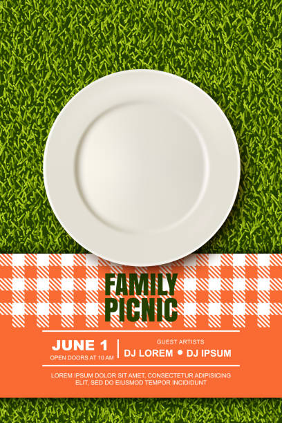 ilustrações de stock, clip art, desenhos animados e ícones de vector realistic 3d illustration of plate, red plaid on green grass lawn. picnic in park. banner, poster design template - picnic