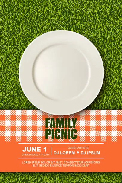 Vector illustration of Vector realistic 3d illustration of plate, red plaid on green grass lawn. Picnic in park. Banner, poster design template