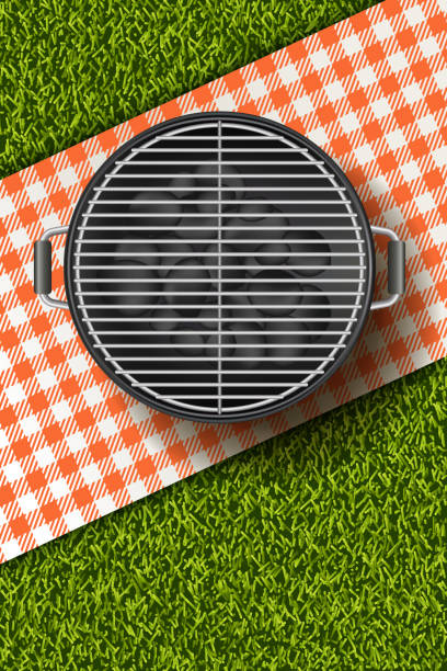 ilustrações de stock, clip art, desenhos animados e ícones de vector realistic 3d illustration of barbecue grill, red plaid on green grass lawn. bbq picnic in park. - 3615