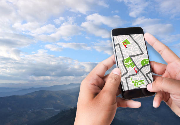 istock GPS Map to Route Destination network connection Location Street Map with GPS Icons  Navigation 947048230