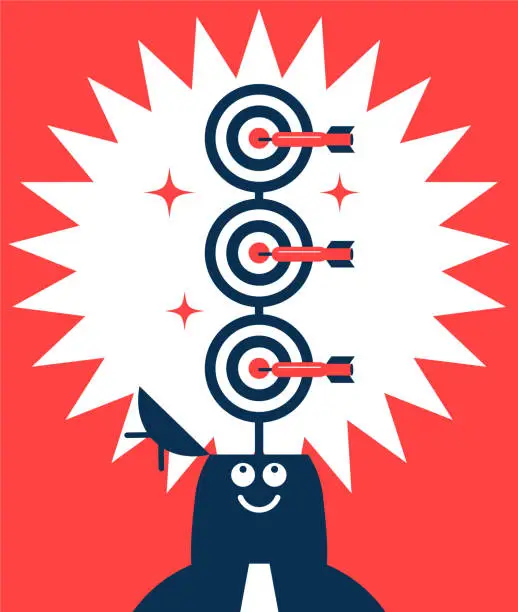 Vector illustration of Businessman with opened head and three dart boards (target), all darts hitting the bull's-eye