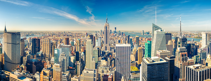 Aerial view of modern skyscrapers buildings of Manhattan, New York City, New York State, USA.