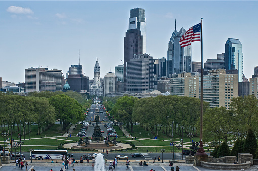 Philadelphia, USA - April 16, 2012. View of Philadelphia from the Museum of Art Stairs.