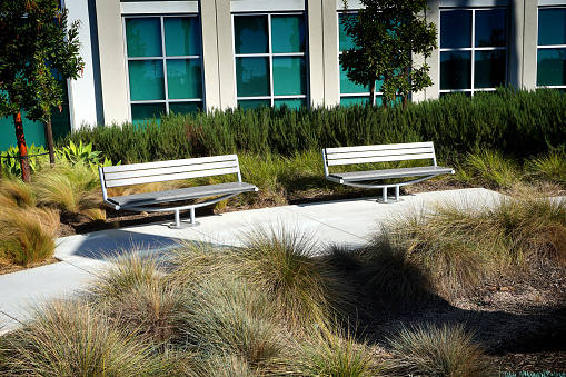 benches in office building courtyard