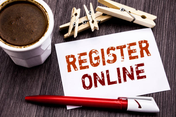 istock Hand writing text caption inspiration showing Register Online. Business concept for Internet Subscribe written on sticky note paper on the wooden wood background. With coffee and red pen. 947065804