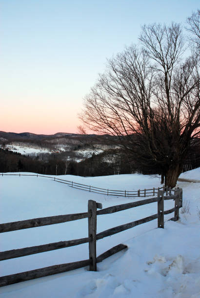 冬の農場の夜明け - winter agriculture ranch field ストックフォトと画像