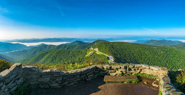 Craggy Gardens Pinnacle and Blue Ridge Parkway near Asheville North Carolina Craggy Gardens Pinnacle Trail along the Blue Ridge Parkway and Blue Ridge Mountains. mt mitchell stock pictures, royalty-free photos & images