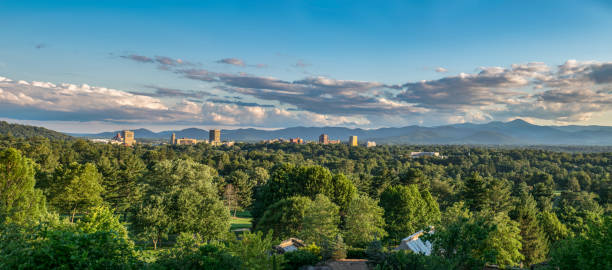 Downtown Asheville North Carolina Blue Ridge Mountains Panorama Panorama of downtown Asheville North Carolina NC and the Blue Ridge Mountains and Blue Ridge Parkway. mt mitchell stock pictures, royalty-free photos & images