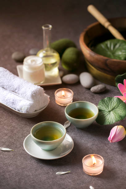Chinese green tea in spa centre table top shot.