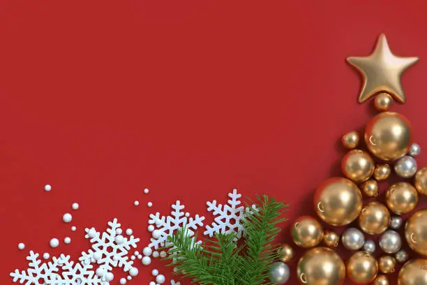 3d render many gold christmas ball star red floor christmas background,holiday christmas new year winter concept left side free space