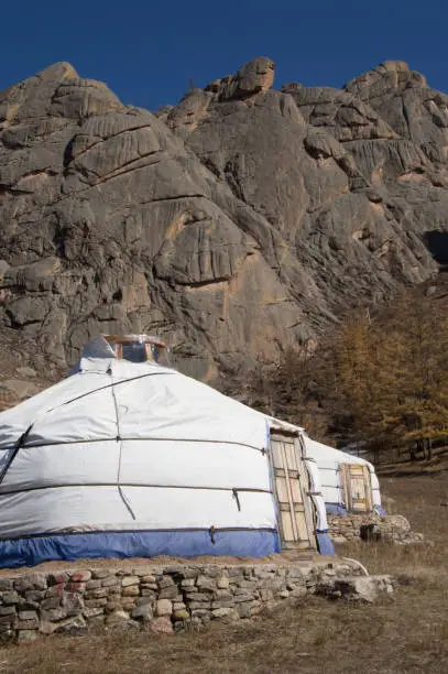 Close up of a white canvas yurt in Mongolia with rugged stone mountain in the background.