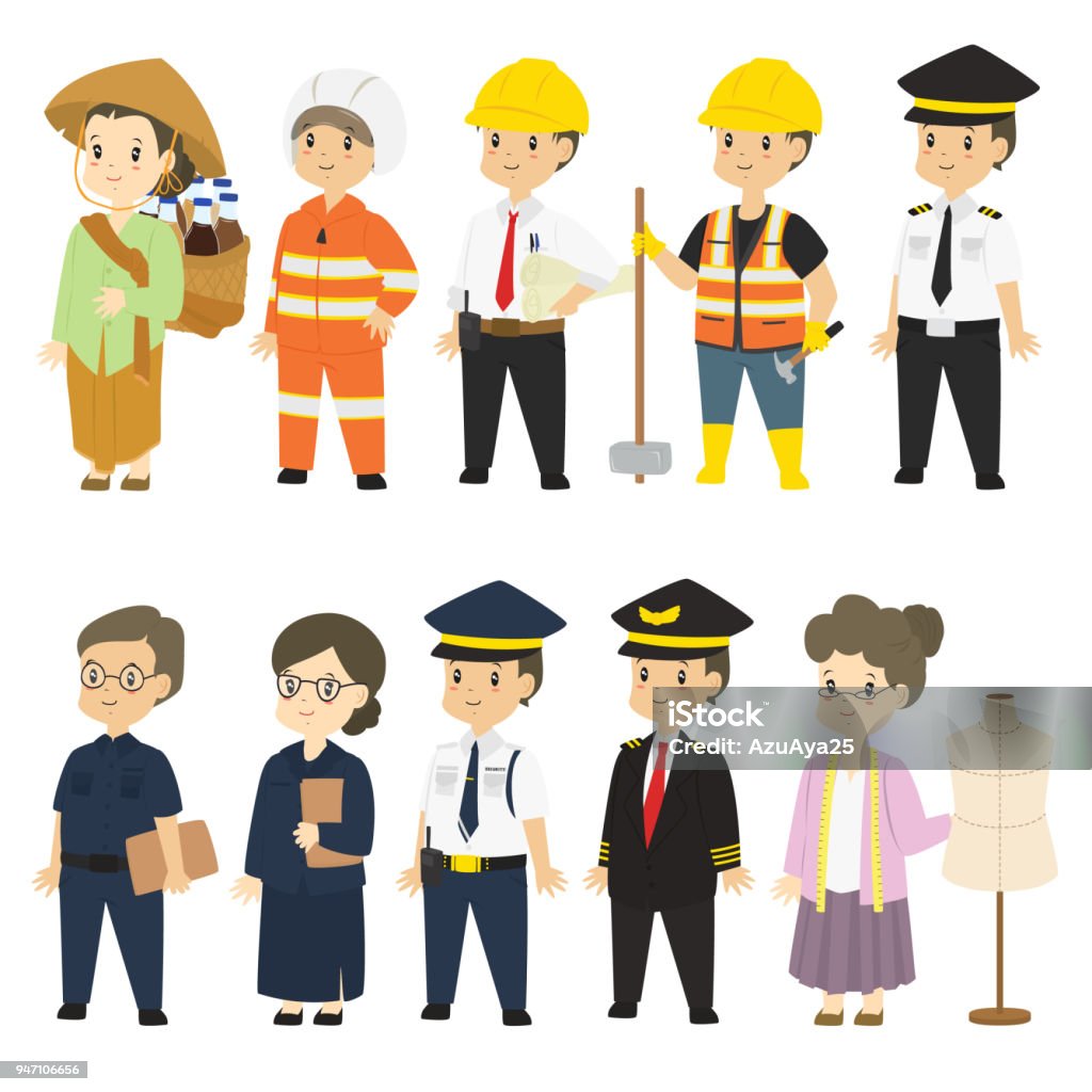 Professions Character Cartoon Vector Set Set of different professions characters cartoon vector in flat style :  herbal medicine seller, firefighter, architect, builder, train driver, teacher, security guard, pilot, tailor Adult stock vector