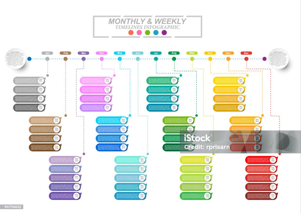 Modello di infografica grafico del processo della sequenza temporale orizzontale aziendale moderno. Banner vettoriale utilizzato per il diagramma di presentazione e layout del flusso di lavoro, web design. Elementi astratti del piano grafico mensile e sett - arte vettoriale royalty-free di Calendario