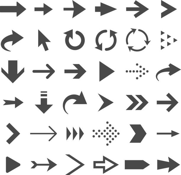 Arrow web icons isolated, cursor arrows, download and next page navigation buttons vector set Arrow web icons isolated, cursor arrows, download and next page navigation buttons vector set. Interface forward arrow, circular arrow pointer illustration replay stock illustrations