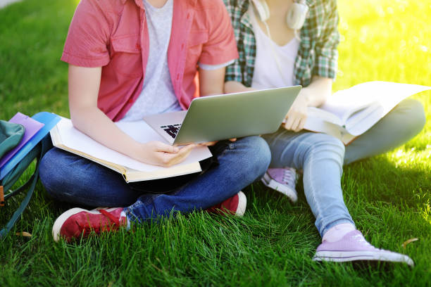 istock Young students with laptop, books and notes outdoors 947119340