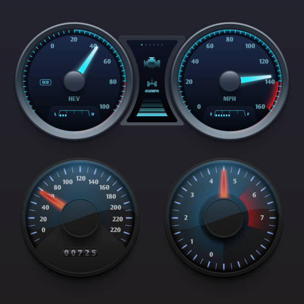 illustrations, cliparts, dessins animés et icônes de indicateurs de tableau de bord voiture réaliste avec cadran de compteur. rapides symboles vector ensemble - speedometer gauge car speed