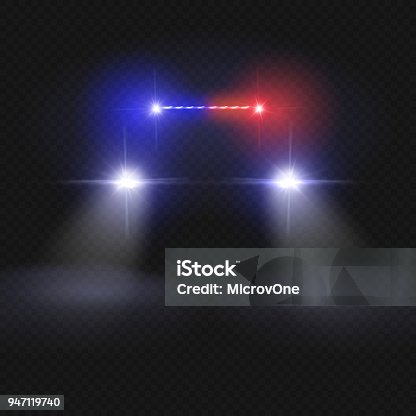 istock Police car headlight beams isolated on dark transparent background. Automobile at night road vector concept 947119740