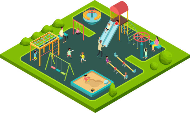 illustrazioni stock, clip art, cartoni animati e icone di tendenza di bambini che giocano con i genitori nel parco giochi per bambini con attrezzature da gioco. vettore isometrico dei cartoni animati con piccole persone 3d - sliding sands