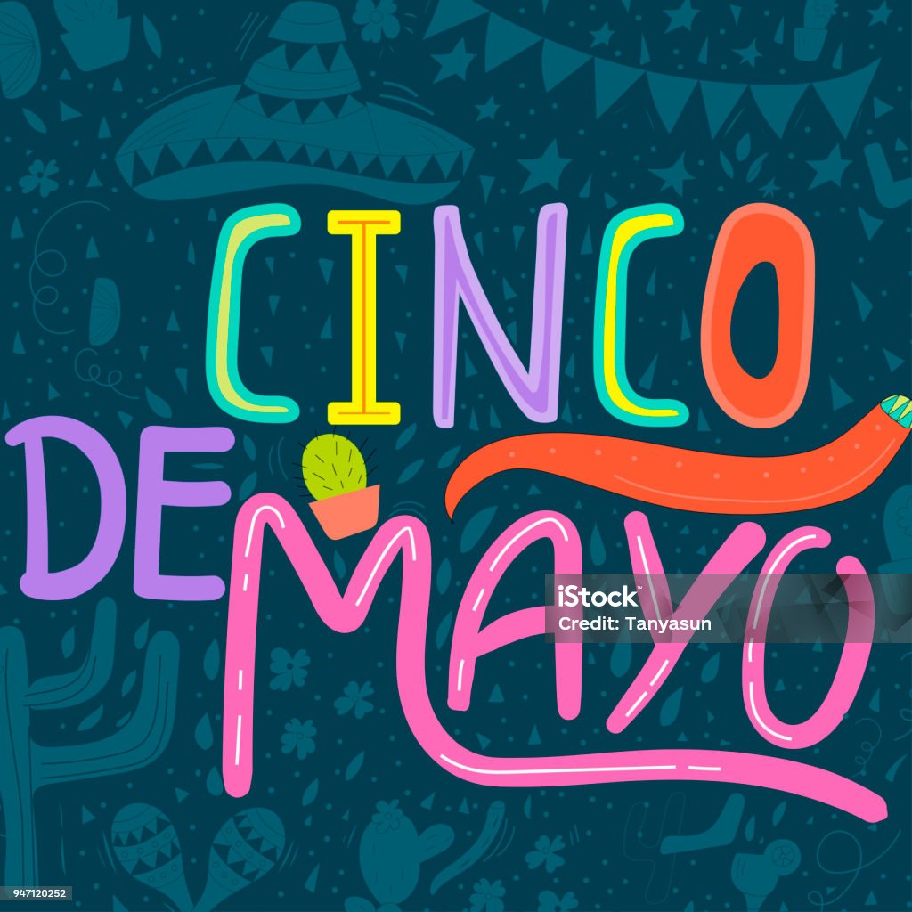 Banner or card for Cinco de Mayo celebration. Holiday poster wit Banner or card for Cinco de Mayo celebration. Holiday poster with hand drawn calligraphy lettering, sombrero, cactus, chilli, tequila and maracas. Vector Mexican fiesta. Banner - Sign stock vector