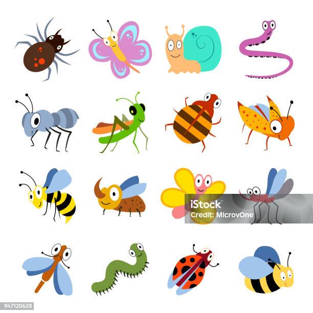 Cute And Funny Bugs Insects Vector Collection Cartoon Insects Set Stock Illustration - Download Image Now