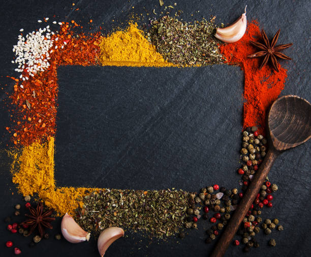 istock Different kind of spices on a black background 947123212