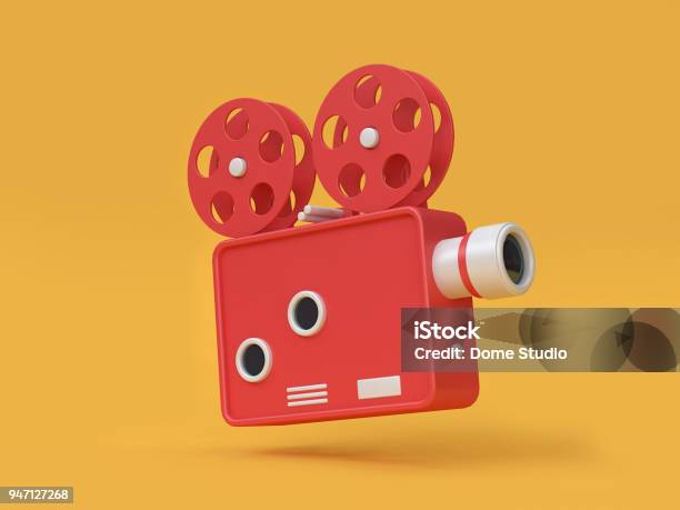 3d Rendering Moviecinema Projector Cartoon Style Yellow Background Movie Cinema Entertainment Concept Stock Photo - Download Image Now