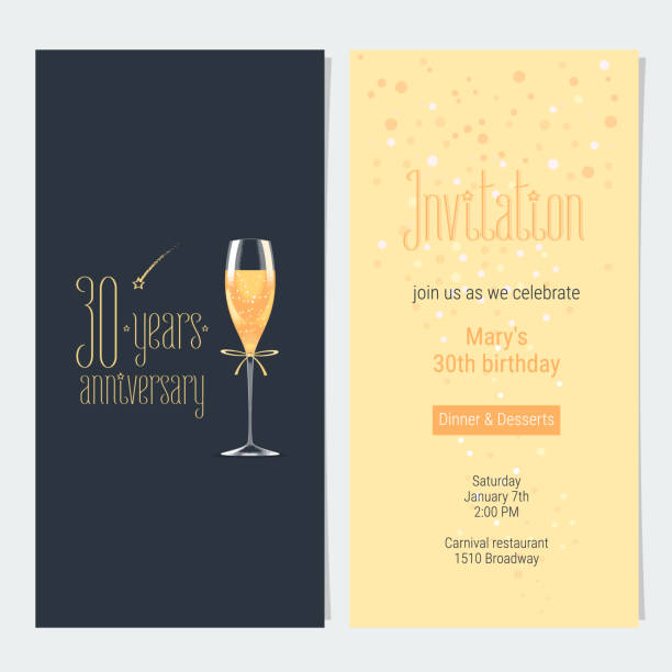 illustrazioni stock, clip art, cartoni animati e icone di tendenza di scheda vettoriale di invito di 30 anni - champagne flute jubilee champagne wine