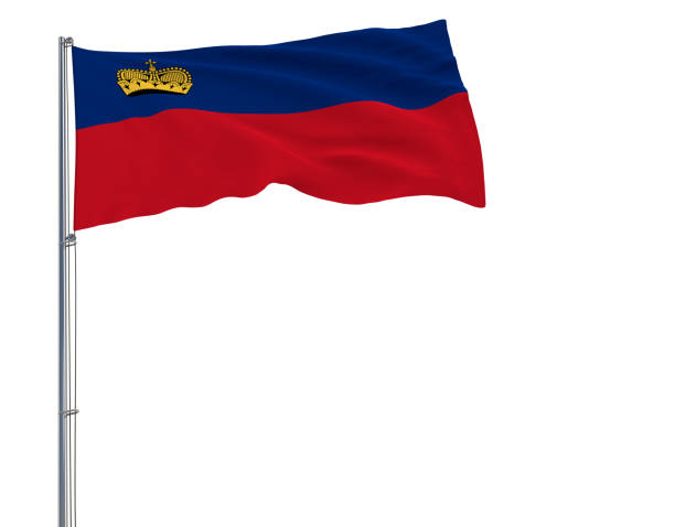 istock Isolate flag of Liechtenstein on a flagpole fluttering in the wind on a white background, 3d rendering. 947128912