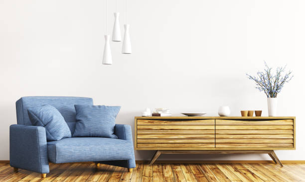 istock Interior with wooden cabinet and armchair 3d rendering 947129272