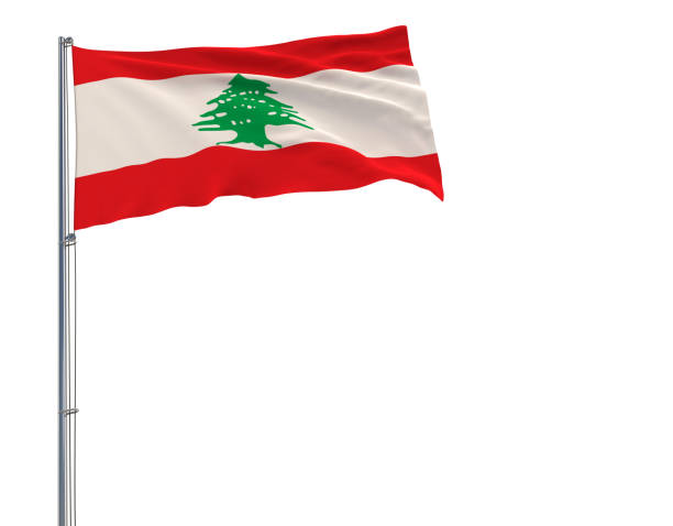 istock Isolate flag of Lebanon on a flagpole fluttering in the wind on a white background, 3d rendering. 947129618