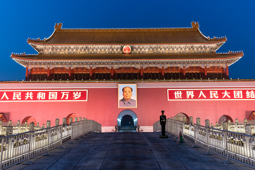 Beijing, China - Mar 23, 2018: Tiananmen in Beijing at night, also called the Gate of Heavenly Peace. It is a monumental gate and a national symbol of China.