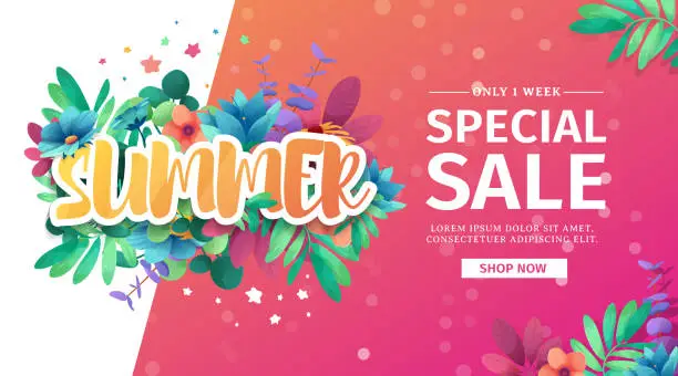 Vector illustration of Template design banner for summer offer. Special sale flyer advertising with floral frame and flower summer icon. Web offer on pink background. Vector