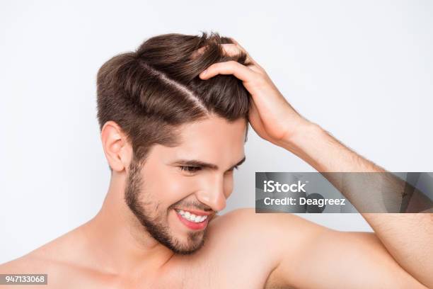 Portrait Of Smiling Man Showing His Healthy Hair Without Furfur Stock Photo - Download Image Now