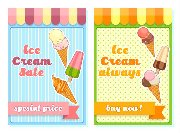 Ice cream poster. Brightly colored ice cream, waffle cones, popsicles on a beautiful background. Cartoon illustration for web, advertising, banner, poster, flyer, business card. Vector illustration. vector art illustration