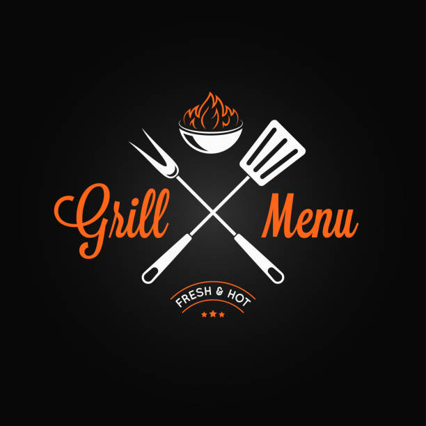 Grill logo vintage emblem. Grill fire and tools on black background Grill logo vintage emblem. Grill fire and tools on black background 8 eps bbq logos stock illustrations
