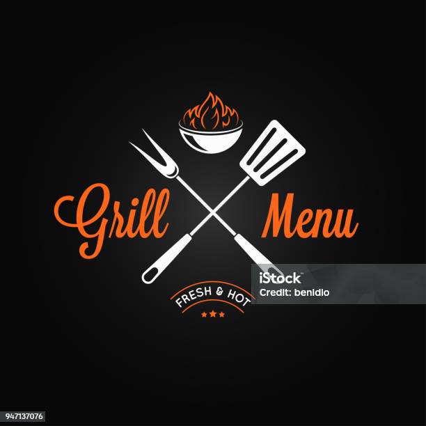 Grill Logo Vintage Emblem Grill Fire And Tools On Black Background Stock Illustration - Download Image Now