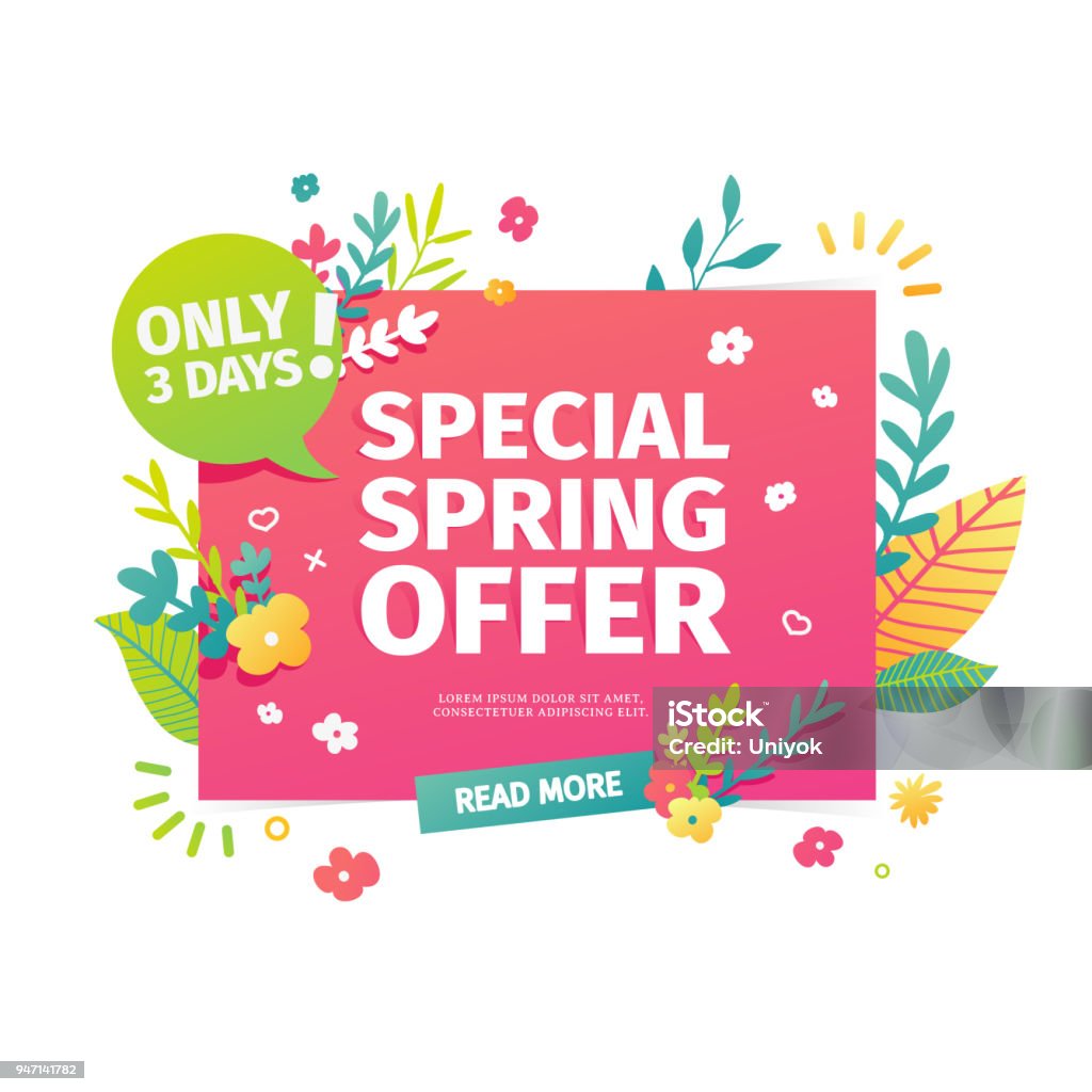 Template design horizontal web banner for spring offer. Advertising poster with a decoration of flowers and leaves frame. Badge for the spring sale in a flat style.  Vector Template design horizontal web banner for spring offer. Advertising poster with a decoration of flowers and leaves frame. Badge for the spring sale in a flat style.  Vector. Springtime stock vector