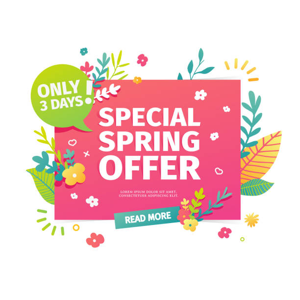 Template design horizontal web banner for spring offer. Advertising poster with a decoration of flowers and leaves frame. Badge for the spring sale in a flat style. Vector Template design horizontal web banner for spring offer. Advertising poster with a decoration of flowers and leaves frame. Badge for the spring sale in a flat style. Vector. spring banner stock illustrations