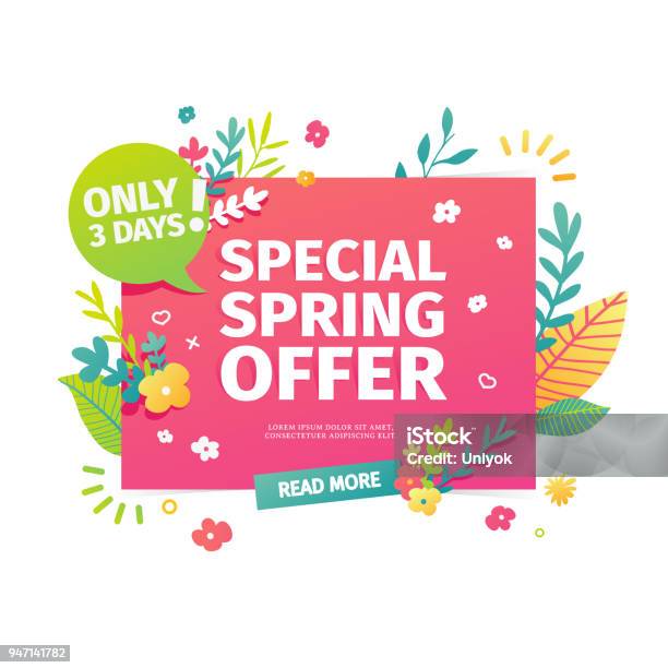 Template Design Horizontal Web Banner For Spring Offer Advertising Poster With A Decoration Of Flowers And Leaves Frame Badge For The Spring Sale In A Flat Style Vector Stock Illustration - Download Image Now