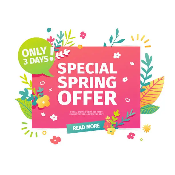 Vector illustration of Template design horizontal web banner for spring offer. Advertising poster with a decoration of flowers and leaves frame. Badge for the spring sale in a flat style.  Vector
