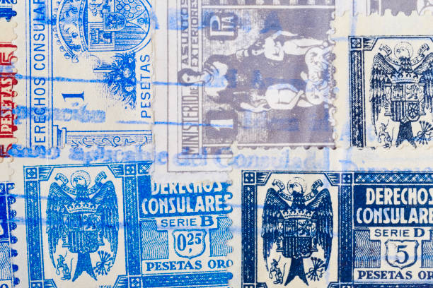 istock Antique spanish stamps with postmarks. Vintage historic philately. Postal 947144318