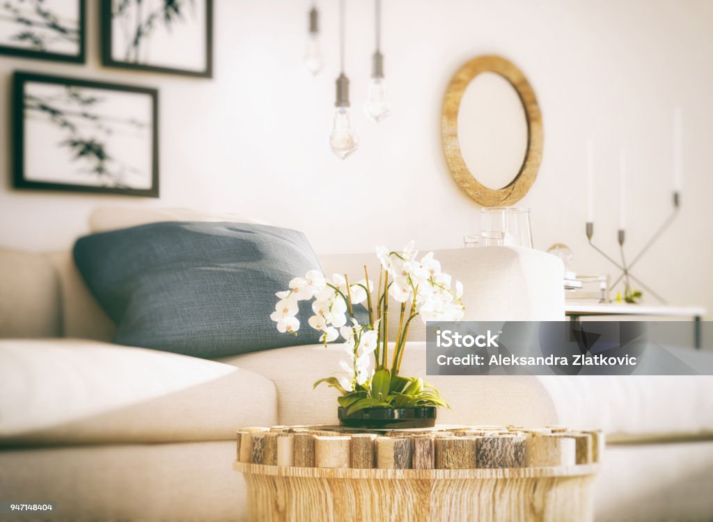 White Orchid in living room Picture of white orchid in cozy living room. Render image. Orchid Stock Photo