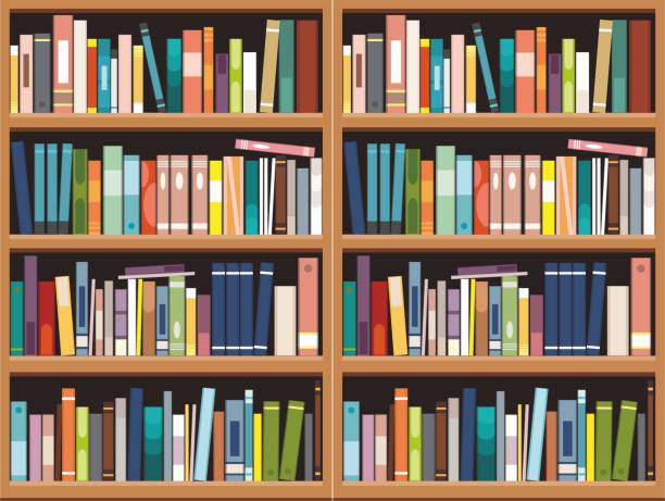 rak buku dengan latar belakang buku, pendidikan perpustakaan - bookshelf ilustrasi stok