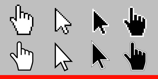 ilustraciones, imágenes clip art, dibujos animados e iconos de stock de flecha blanca y puntero a mano conjunto de iconos de cursor. pixel y la versión moderna de muestras de cursores. símbolos de dirección y tacto los vínculos y presione los botones. aislado en la ilustración de vector de fondo gris - ratón