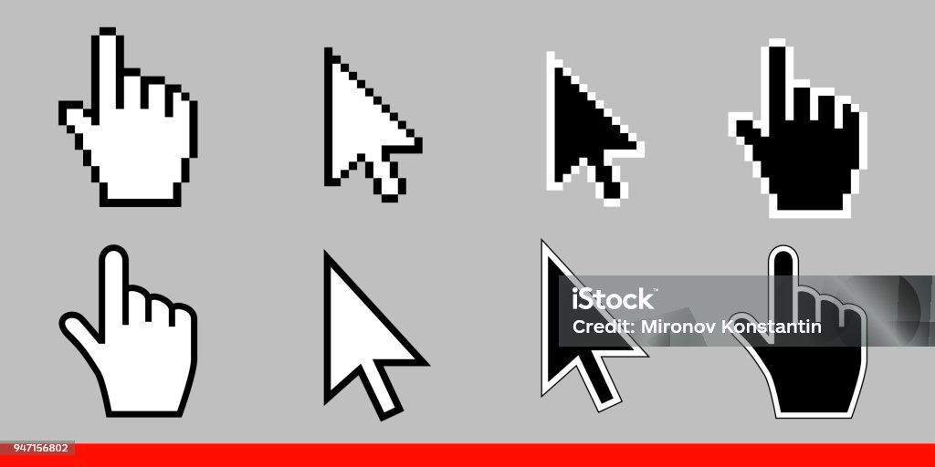 White arrow and pointer hand cursor icon set. Pixel and modern version of cursors signs. Symbols of direction and touch the links and press the buttons. Isolated on gray background vector illustration Cursor stock vector